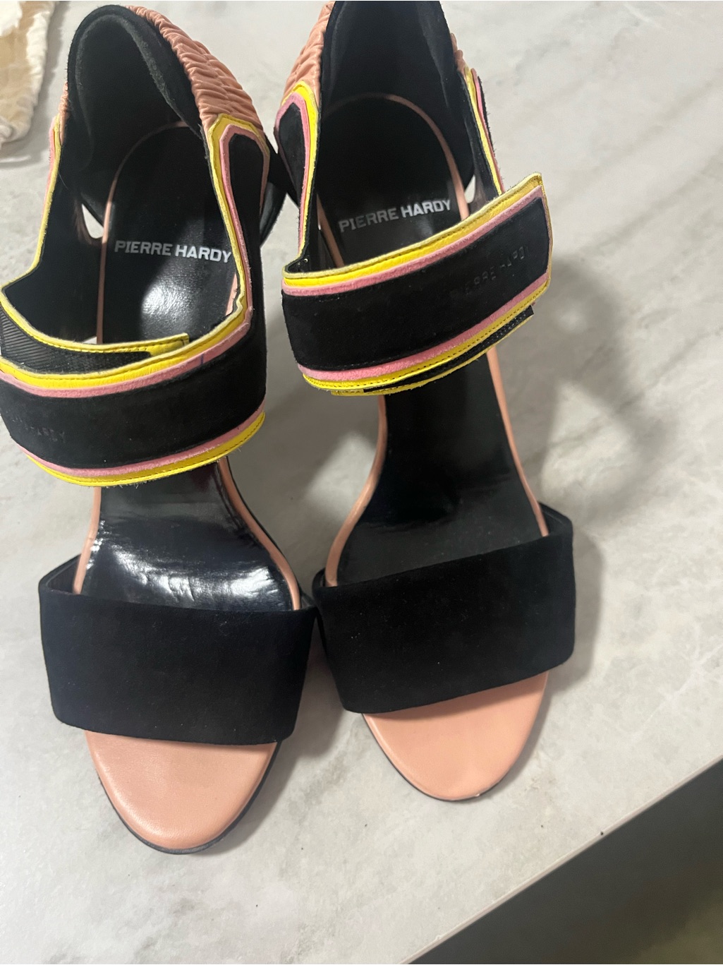 Pierre Hardy Black Suede Sandals With Pink & Yellow Trim